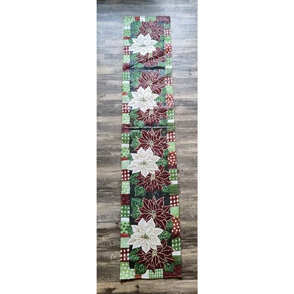 Table Runner Christmas Pointsettia Red White Green Holiday Decor 13"W x 66"L - Picture 1 of 6